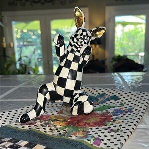 Mackenzie-Childs Checkered Bunny Pot-Climber with Gold Ears